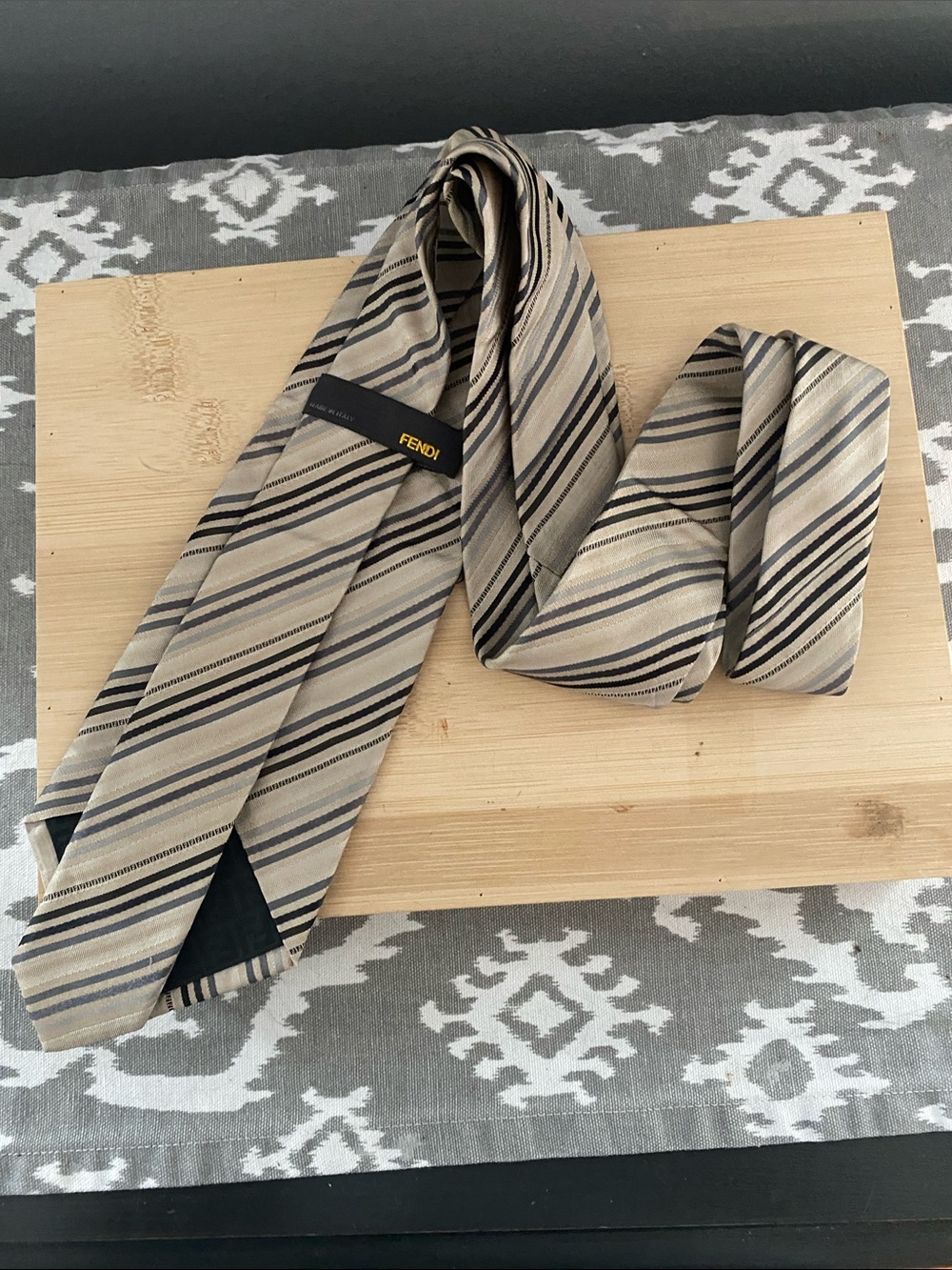Fendi Beige and Black Striped Silk Necktie 60”